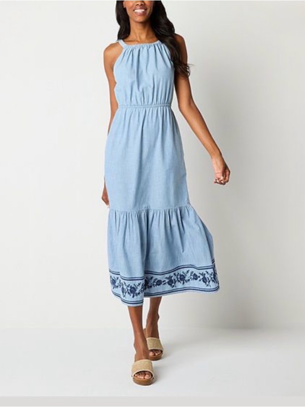 St. John's Bay Light Blue Cotton Embroidered Maxi Dress Size Medium